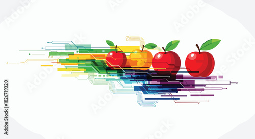 Colorful apples connected by abstract circuit board lines and vibrant digital data streams, symbolizing innovation and technological integration.