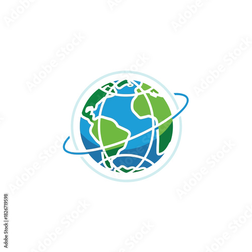 Stylized illustration of planet Earth with continents and orbital rings on a white background.