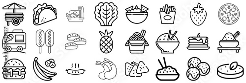 Diverse Food Icons From Street Food to Desserts and Fruits