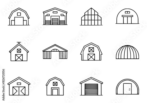 Collection of Barn and Building Icons in Outline Style