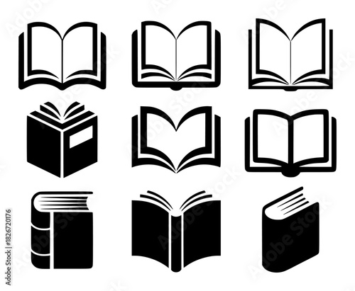 Collection of Black and White Book Icons on a White Background