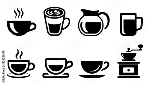 Collection of Black and White Coffee Icons Cups, Mugs, Carafe, and Grinder