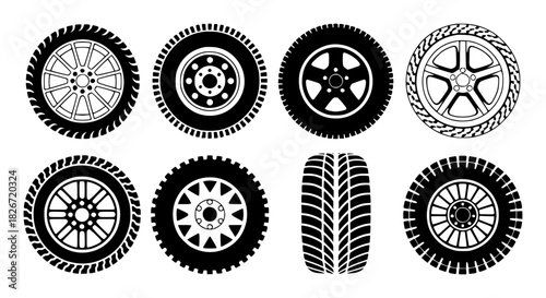 Collection of Black and White Tire and Wheel Icons