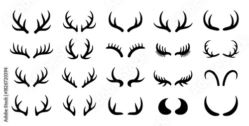 Collection of Black Antler and Horn Silhouettes on White Background