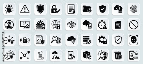 Cybersecurity glyph icon set. Vector pictograms of shield, lock, firewall, vpn, malware, cloud backup, warning, encryption, scan, and protection illustration