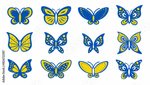 Charming butterfly collection in blue and yellow for spring designs, vector inspired, perfect for nature lovers and creative projects, vibrant and joyful
