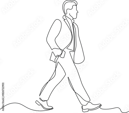 Confident Businessman Walking with Hands in Pockets. Minimalist Continuous Line Art of Modern Professional Success