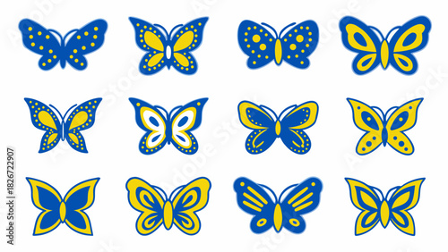 Cheerful fluttering butterflies in blue and yellow, a vibrant collection perfect for spring designs, children's projects, and uplifting creative themes