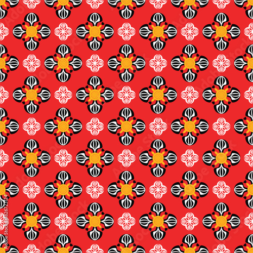 Seamless pattern, geometric shapes, floral patterns, red, yellow, black.