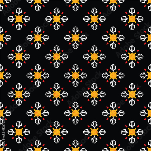 Seamless pattern, geometric shapes, floral patterns, red, yellow, black.