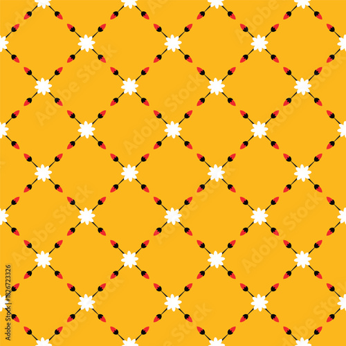Seamless pattern, geometric shapes, floral patterns, red, yellow, black.