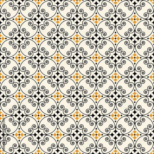 seamless pattern of intricate swirls and coils, classic and vintage, in yellow, black and cream, perfect for use as a background or textile.