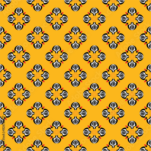 Seamless pattern, geometric shapes, floral patterns, red, yellow, black.