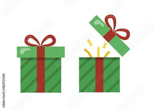 Open and closed Christmas gift boxes set. Holiday surprise reveal vector illustration. Flat design presents for unboxing concept.