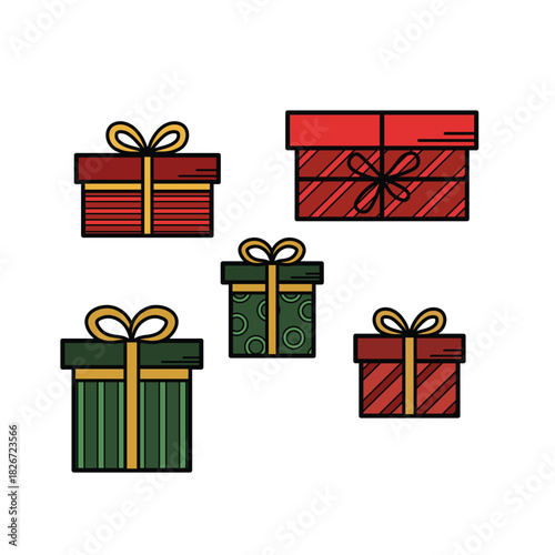 Doodle style Christmas gift boxes collection. Hand-drawn festive presents vector set. Outline holiday icons for comic design.
