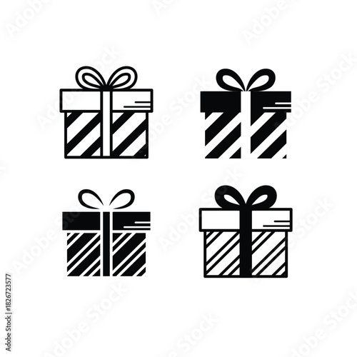 Outline gift box icons vector set. Black and white present symbols collection. Minimalist striped holiday pictogram kit.