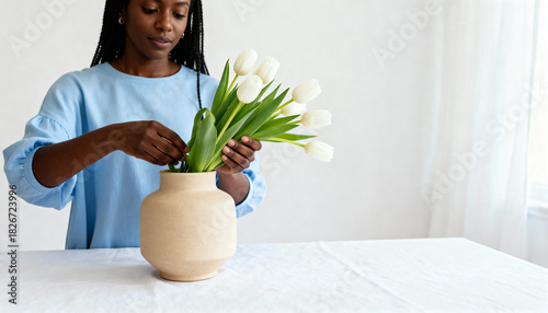 Black woman arranging a bouquet of white tulips in a beige ceramic vase. Minimalist home decor and floristry hobby with copy space