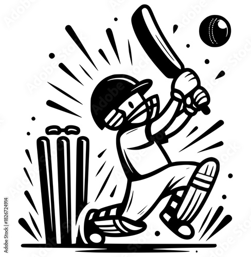 Cricket Action: A dynamic illustration captures the essence of cricket, showcasing a batsman in action, poised to strike the ball with precision and power.