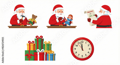Santa Claus's diligent Christmas preparations crafting toys, reviewing lists, festive gifts, and a clock counting down