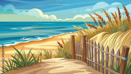 Very beautiful coastal scene featuring soft sand dunes, tall beach grass, and a gently weathered wooden fence beside a simple striped chair facing the calm sea, creating a peaceful shoreline atmospher