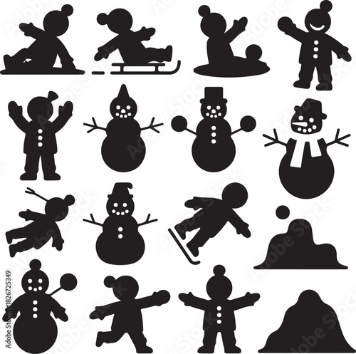 Festive Winter Season Fun Set of Black Silhouette Vector Illustrations