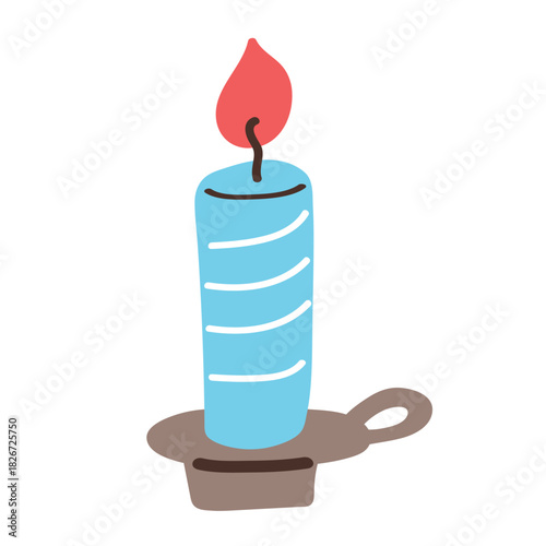 Isolated striped candle with a warm flame in a simple holder. A bright festive vector illustration for winter holiday decoration, peaceful spiritual themes and calm cosy graphics