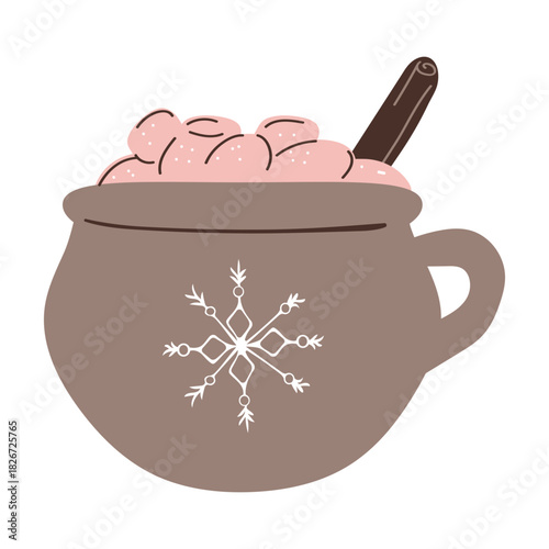 Cozy Christmas hot cocoa mug filled with marshmallows in a warm winter clip art style, creating a sweet festive drink illustration ideal for holiday designs and seasonal treats