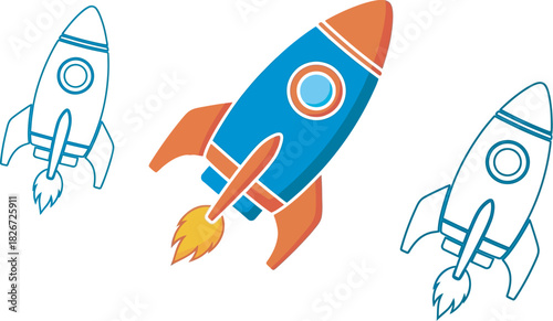Colorful cartoon rocket ship blasting off with flames against a white background