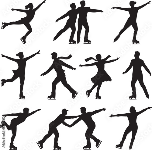 Figure Skaters Silhouettes Collection Performing Artistic Ice Skating Elements