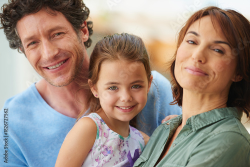 Wallpaper Mural Portrait, parents and girl with smile in backyard for summer bonding, care and support for connection. Family time, happy people and child together on weekend, outdoor and love for relationship Torontodigital.ca