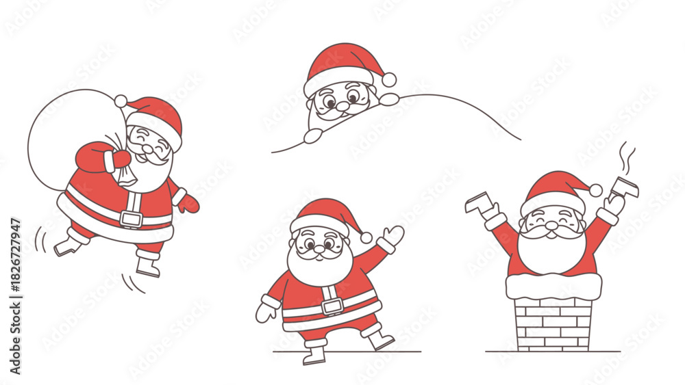 Obraz premium A collection of cartoon Santa Claus illustrations in various poses, all in red and white.