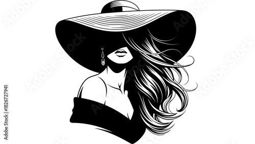 A sophisticated black and white illustration of a woman with long flowing hair wearing a large elegant hat that obscures her face.