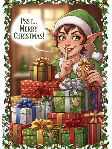christmas card with elf and psst merry christmas text, festive poster with gifts and decorated room
