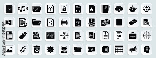 Documents and files glyph icon set. Vector pictograms of pdf, folder, share, upload, download, print, edit, archive, search, and management illustration