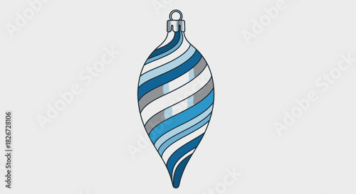 A decorative Christmas ornament with a blue, white, and gray spiral design, hanging.