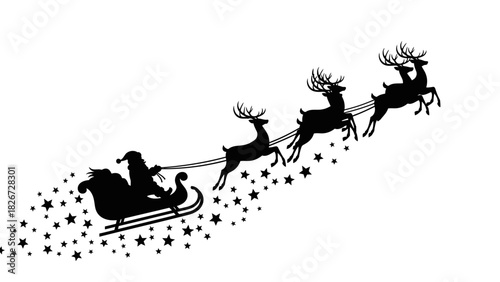 Silhouette of Santa Claus in sleigh pulled by reindeer.