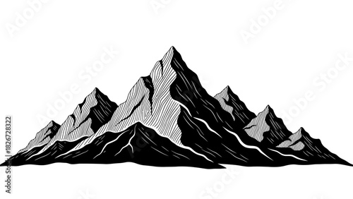 Stylized black and white illustration of a majestic mountain range with sharp peaks and deep valleys, depicting a rugged natural landscape.
