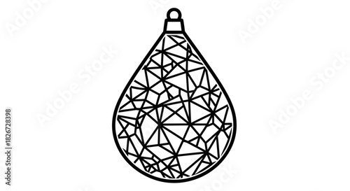 Black and white line art illustration of a teardrop-shaped ornament with intricate geometric patterns inside, resembling shattered glass or a faceted jewel.