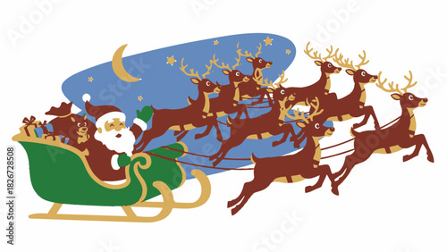 Santa Claus flying in his sleigh pulled by reindeer across a starry night sky with a crescent moon.