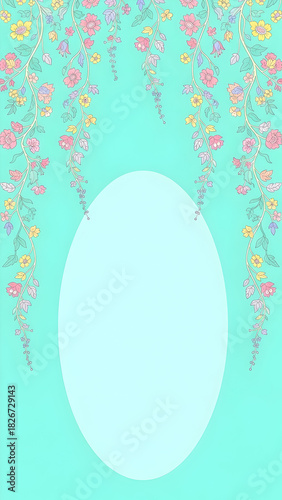 Floral archway with blank oval space on turquoise background.