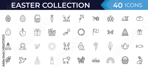 Easter line icon set. Vector pictograms of eggs, bunny, chick, wreath, church, flower, basket, candle, and spring celebration illustration