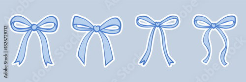 Simple hand drawn blue ribbon bow stickers. Bowknot in doodle style for decoration. Color vector illustrations with white outline on a blue background
