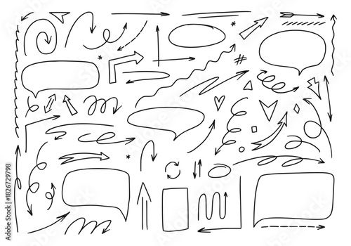 Cute doodle linear decorative objects with hand drawn speech bubbles, stars, handwriting elements in sketch ink style. Line art set of scribbles, arrows and graphic symbols for notes. Vector set