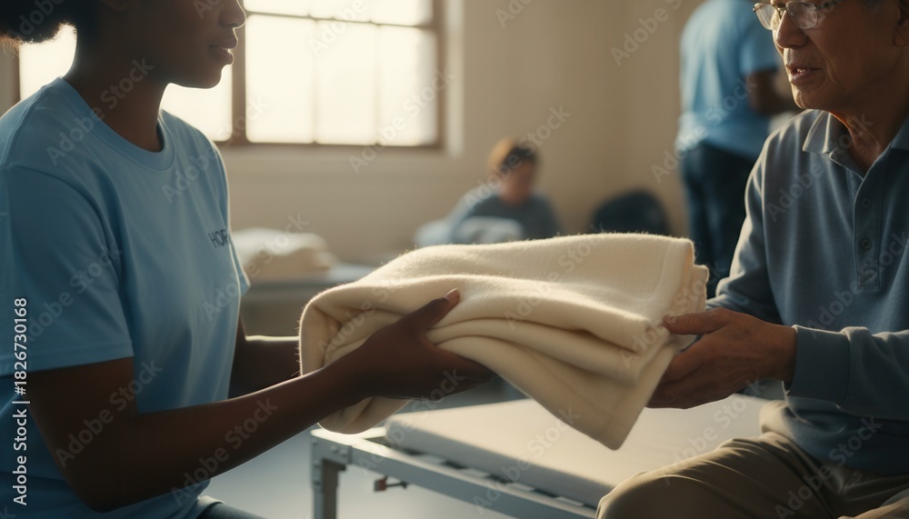 Obraz premium A female volunteer gives a warm blanket to an elderly man in a homeless shelter. Charity, kindness, and community support. Humanitarian aid for people in need