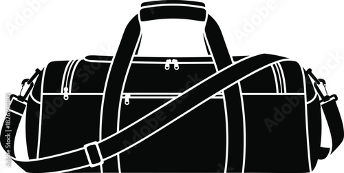 Duffel bag silhouette—black vector with zipper, handles, and shoulder strap