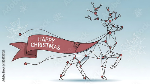 christmas poster with geometric reindeer and happy christmas banner, festive holiday card with snowflake background
