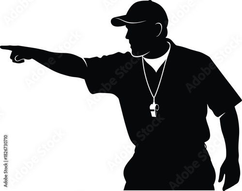 Coach or referee silhouette—black vector of person in cap pointing with whistle and athletic stance