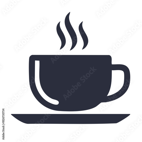 Silhouette of a steaming coffee cup on a saucer, a simple design.