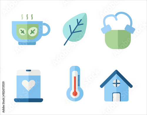 Clean Flat Style Wellness and Health Lifestyle Pictogram Symbol Icon Set.  Suitable for websites, apps, and print materials related to health, nature, and well being.