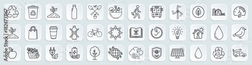 Eco friendly lifestyle line icon set. Vector pictograms of recycle, plants, zero waste, green energy, agriculture, water, transport, and sustainability illustration